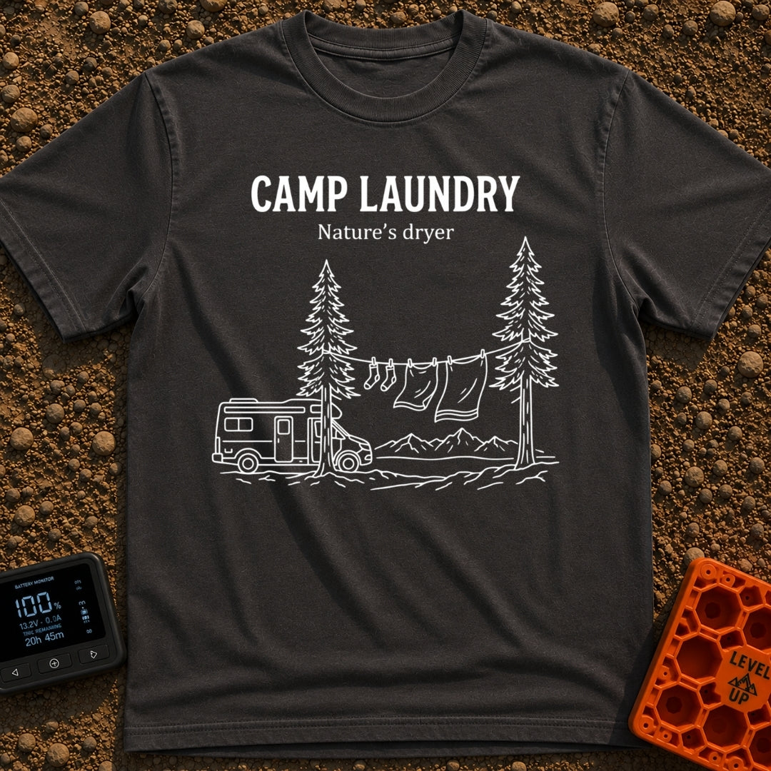 Solar Powered Dryer - T-Shirt in Graphite - White line art showing a camper van parked beside two pine trees with a...