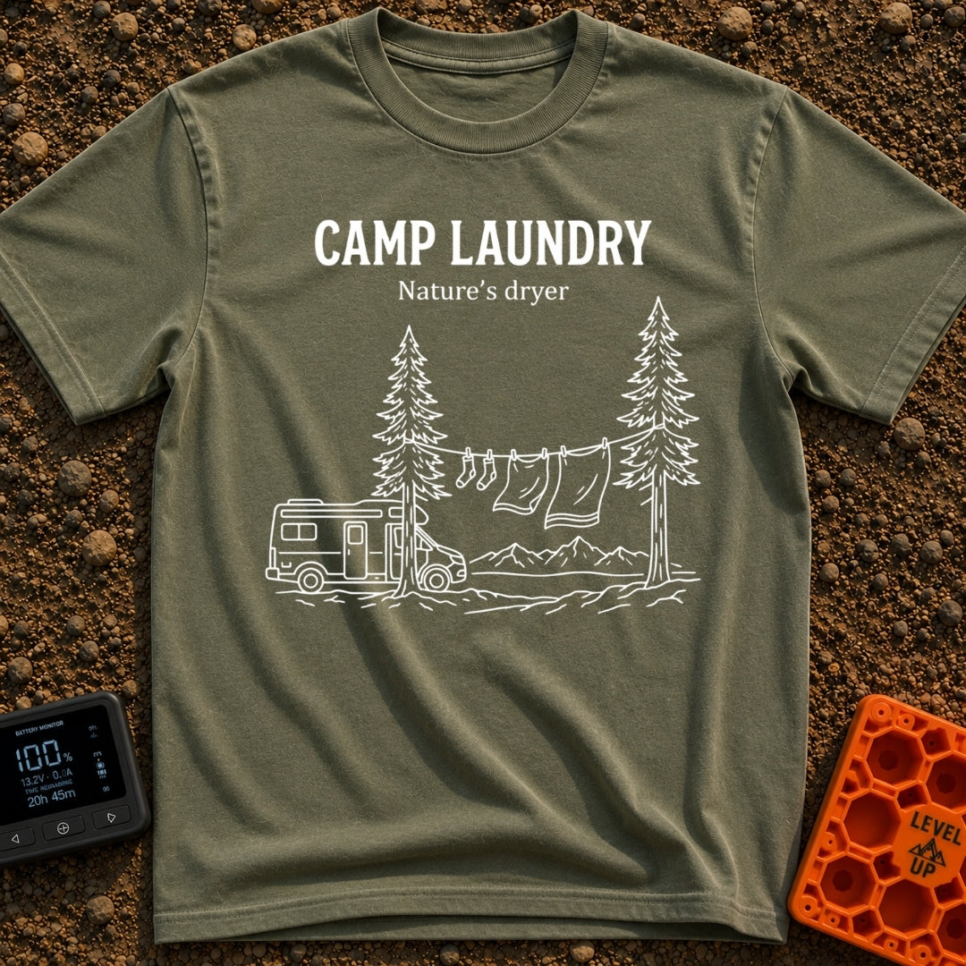 Solar Powered Dryer - T-Shirt in Moss - White line art showing a camper van parked beside two pine trees with a...