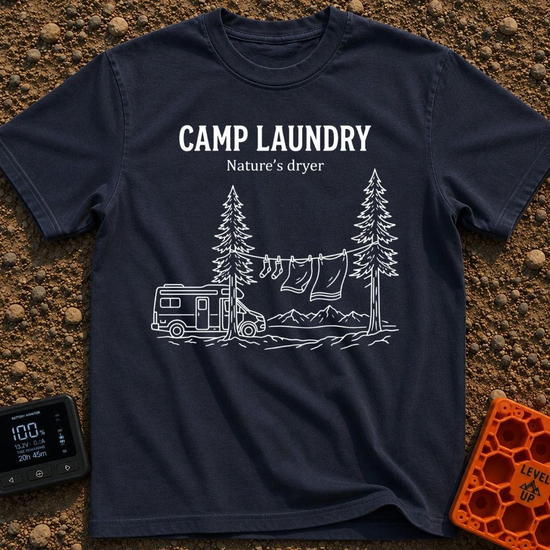 Solar Powered Dryer - T-Shirt in Navy - White line art showing a camper van parked beside two pine trees with a...