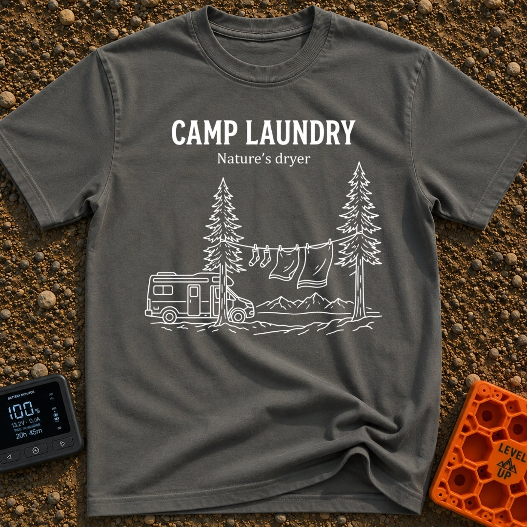 Solar Powered Dryer - T-Shirt in Pepper - White line art showing a camper van parked beside two pine trees with a...
