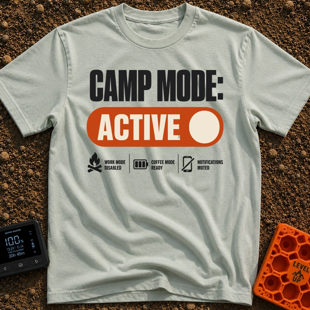 Camp Mode Active - T-Shirt in Bay - The design features the text "CAMP MODE:" above a large orange toggle switch in the...