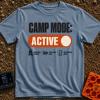 Camp Mode Active - T-Shirt in Blue Jean - The design features the text "CAMP MODE:" above a large orange toggle switch in...