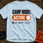 Camp Mode Active - T-Shirt in Chambray - The design features the text "CAMP MODE:" above a large orange toggle switch in...
