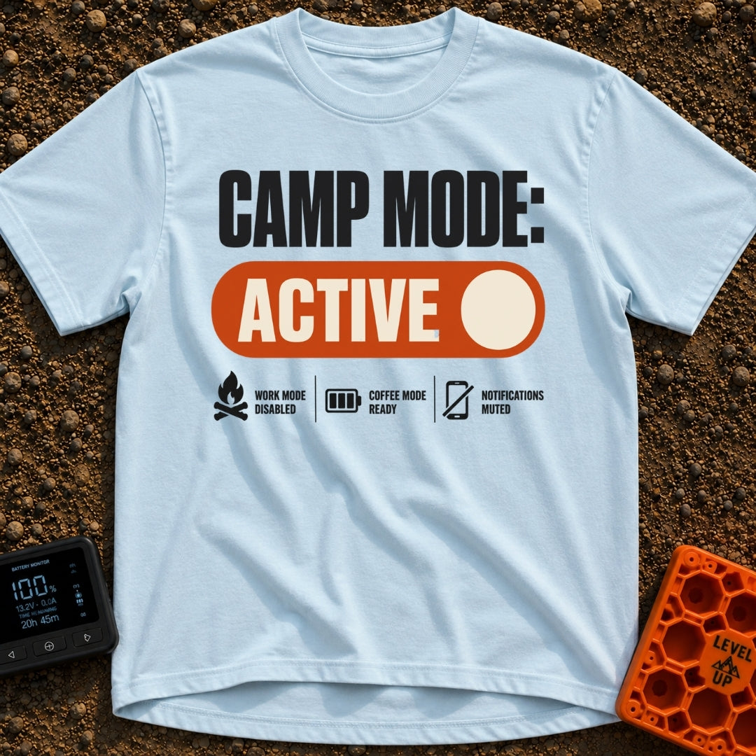 Camp Mode Active - T-Shirt in Chambray - The design features the text "CAMP MODE:" above a large orange toggle switch in...