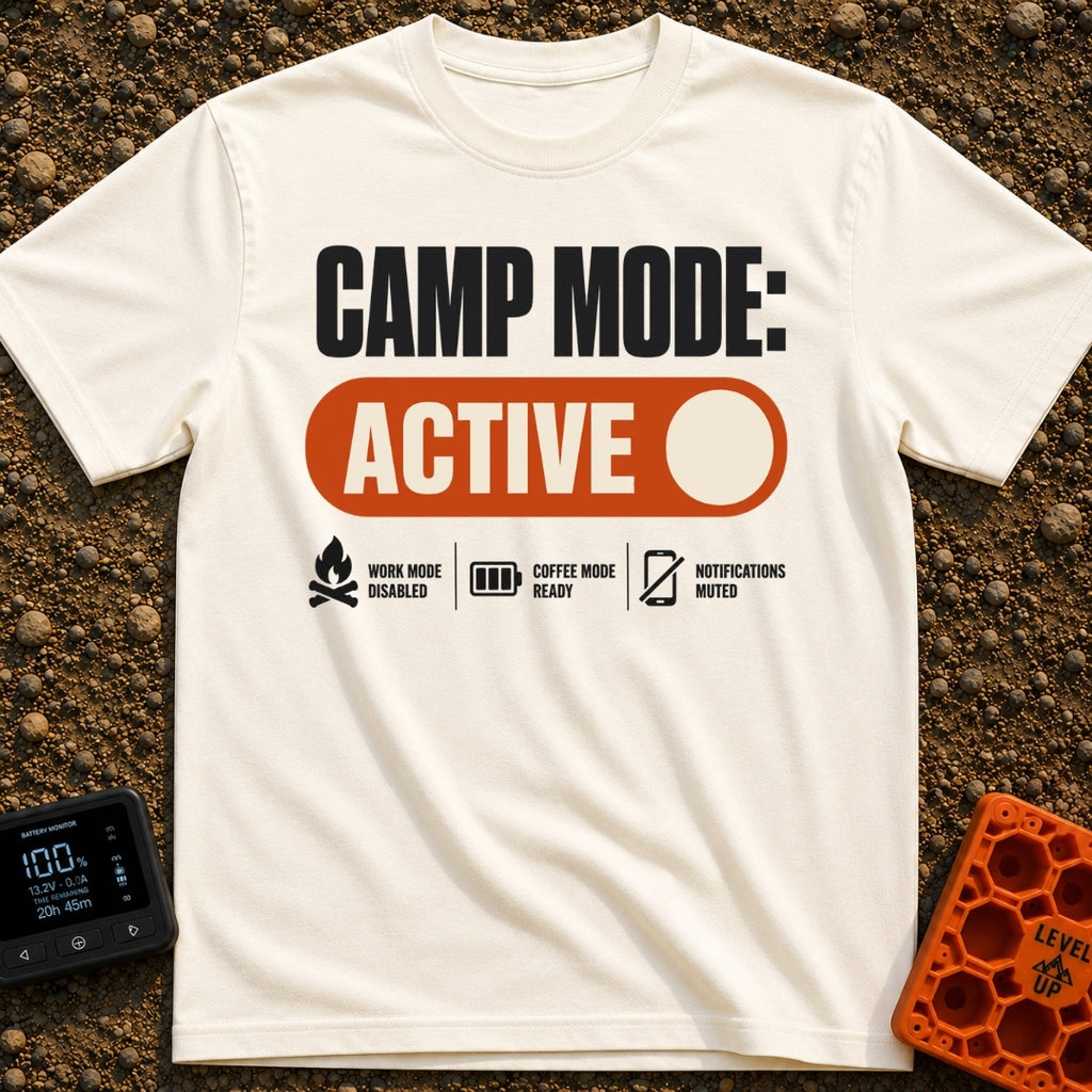 Camp Mode Active - T-Shirt in Ivory - The design features the text "CAMP MODE:" above a large orange toggle switch in the...