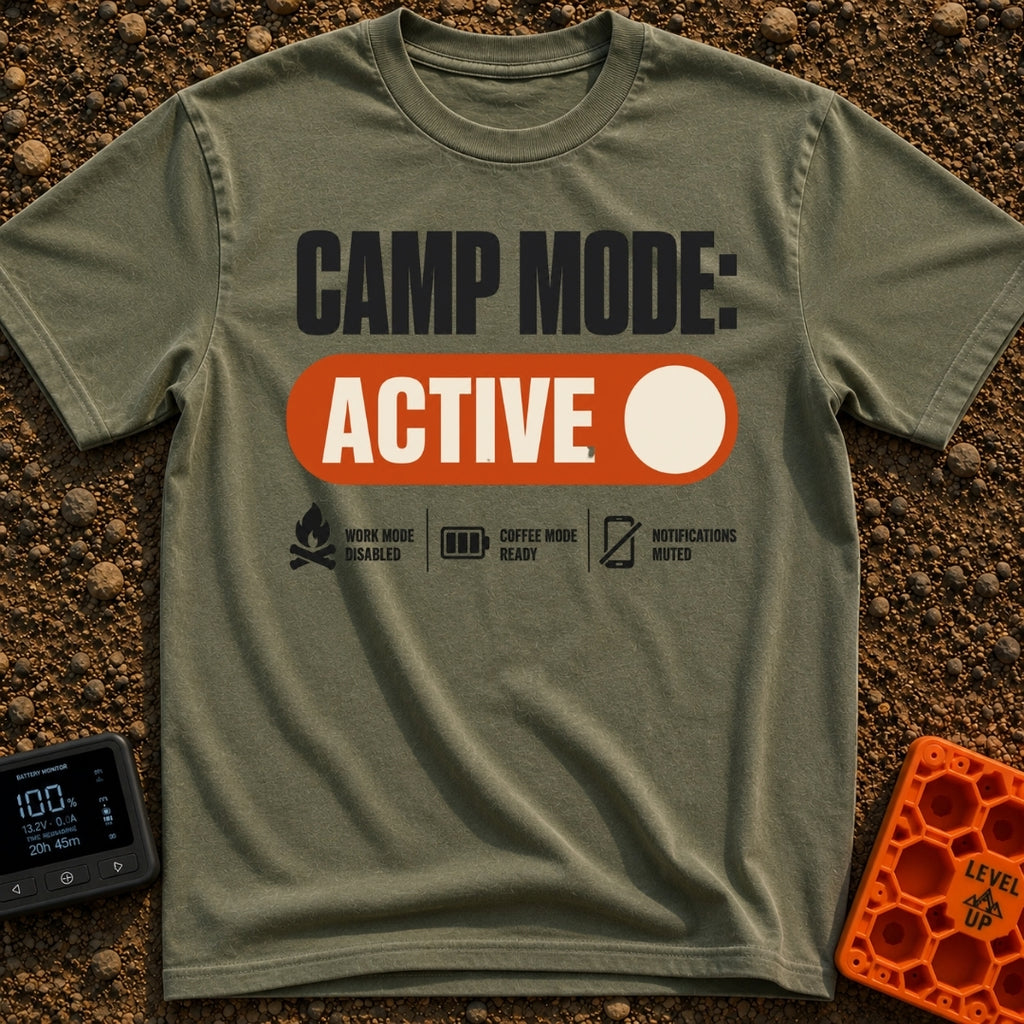 Camp Mode Active - T-Shirt in Moss - The design features the text "CAMP MODE:" above a large orange toggle switch in the...