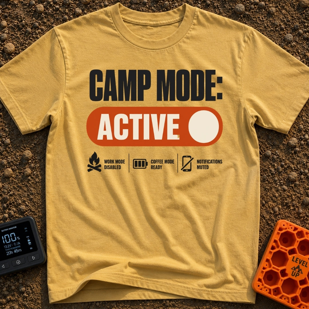 Camp Mode Active - T-Shirt in Mustard - The design features the text "CAMP MODE:" above a large orange toggle switch in...