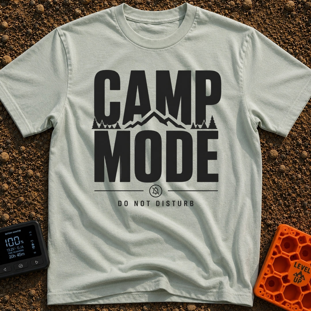 Camp Mode Activated - T-Shirt in Bay - Bold typographic design reading "CAMP MODE" with a silhouette of mountains and...