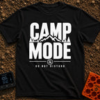 Camp Mode Activated - T-Shirt in Black - Bold typographic design reading "CAMP MODE" with a silhouette of mountains and...