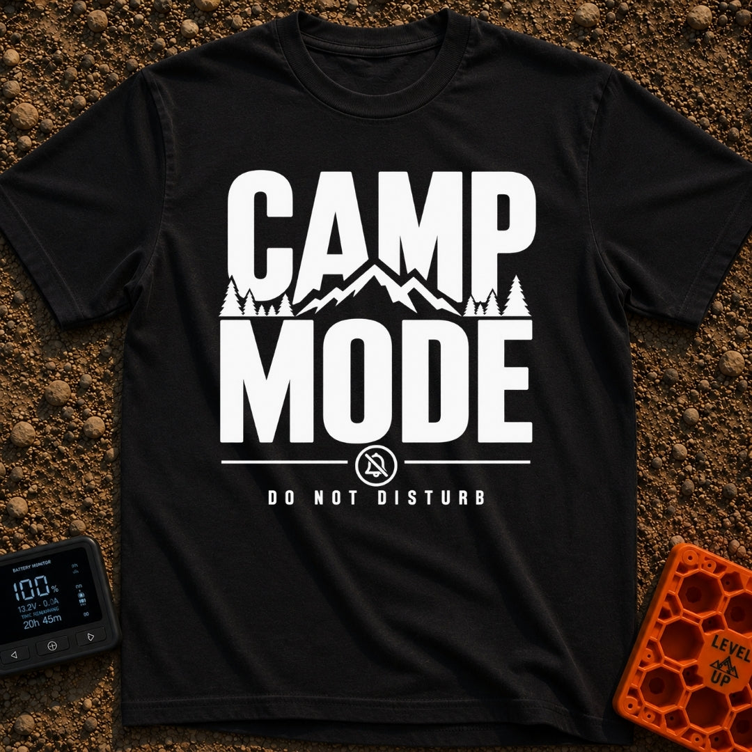 Camp Mode Activated - T-Shirt in Black - Bold typographic design reading "CAMP MODE" with a silhouette of mountains and...