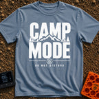 Camp Mode Activated - T-Shirt in Blue Jean - Bold typographic design reading "CAMP MODE" with a silhouette of mountains...