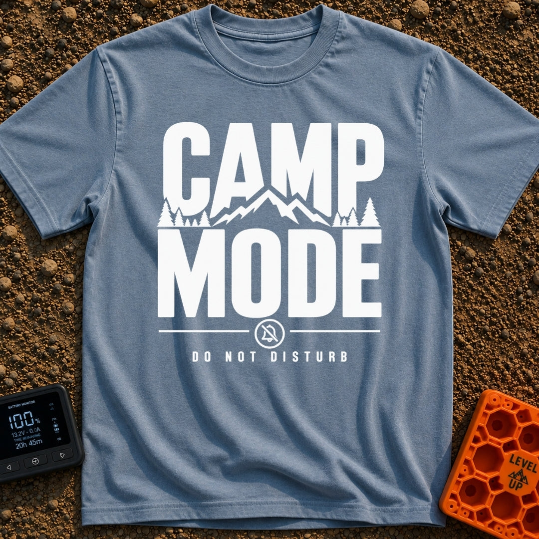 Camp Mode Activated - T-Shirt in Blue Jean - Bold typographic design reading "CAMP MODE" with a silhouette of mountains...