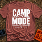 Camp Mode Activated - T-Shirt in Brick - Bold typographic design reading "CAMP MODE" with a silhouette of mountains and...