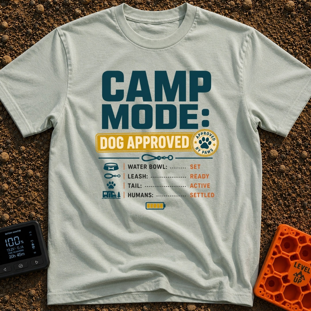Doggo's Camp Checklist - T-Shirt in Bay - Typographic design reading "CAMP MODE: DOG APPROVED" alongside a paw-print...