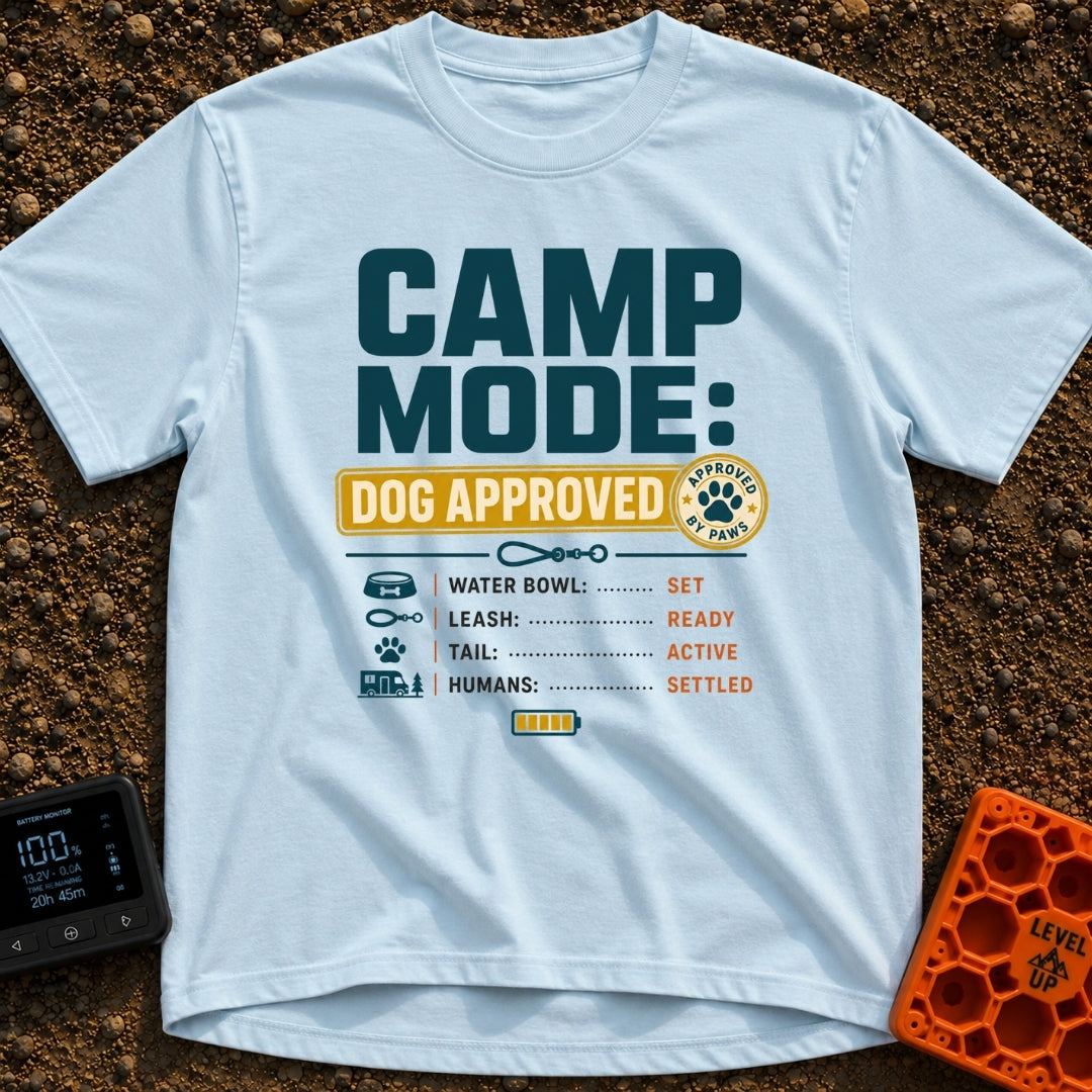 Doggo's Camp Checklist - T-Shirt in Chambray - Typographic design reading "CAMP MODE: DOG APPROVED" alongside a paw-print...