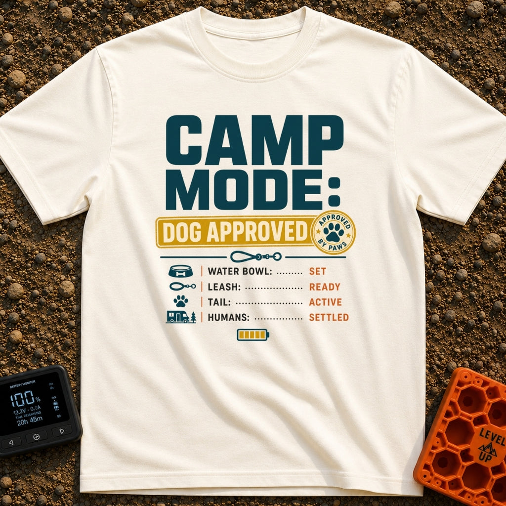 Doggo's Camp Checklist - T-Shirt in Ivory - Typographic design reading "CAMP MODE: DOG APPROVED" alongside a paw-print...