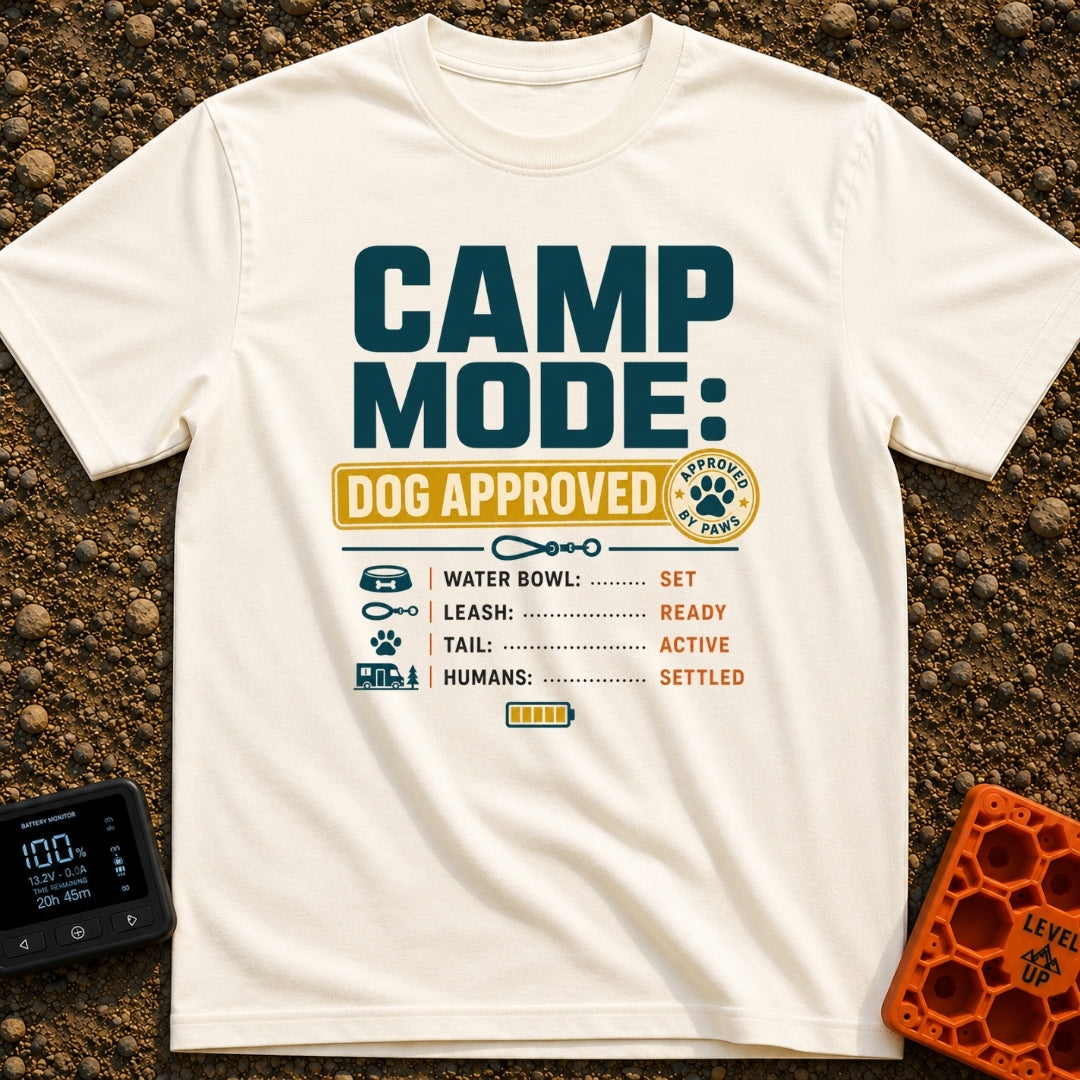 Doggo's Camp Checklist - T-Shirt in Ivory - Typographic design reading "CAMP MODE: DOG APPROVED" alongside a paw-print...