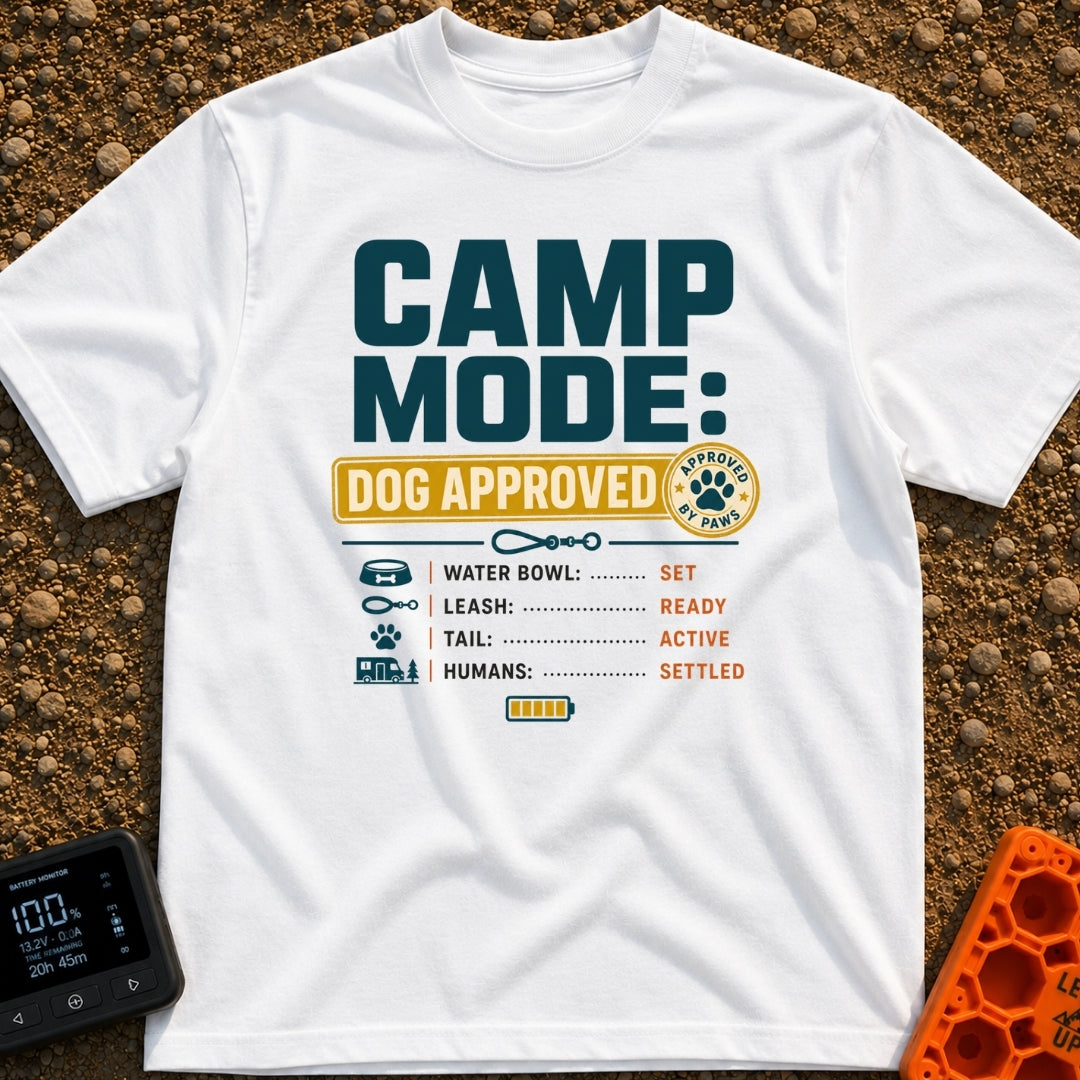 Doggo's Camp Checklist - T-Shirt in White - Typographic design reading "CAMP MODE: DOG APPROVED" alongside a paw-print...