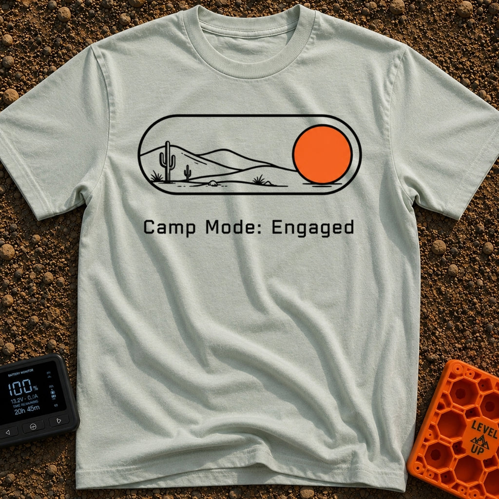 Camp Mode Engaged - T-Shirt in Bay - A graphic of a digital toggle switch containing a line-art desert landscape with...