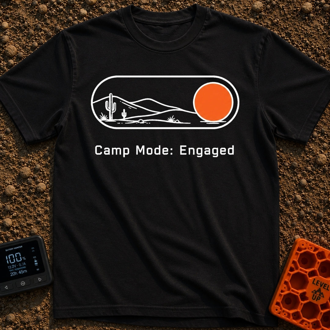 Camp Mode Engaged - T-Shirt in Black - A graphic of a digital toggle switch containing a line-art desert landscape with...