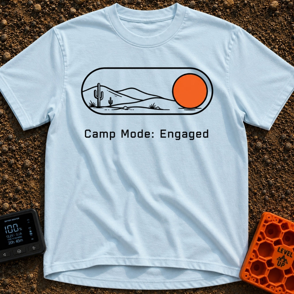 Camp Mode Engaged - T-Shirt in Chambray - A graphic of a digital toggle switch containing a line-art desert landscape...