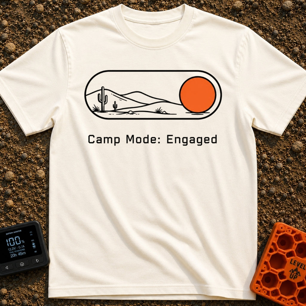 Camp Mode Engaged - T-Shirt in Ivory - A graphic of a digital toggle switch containing a line-art desert landscape with...