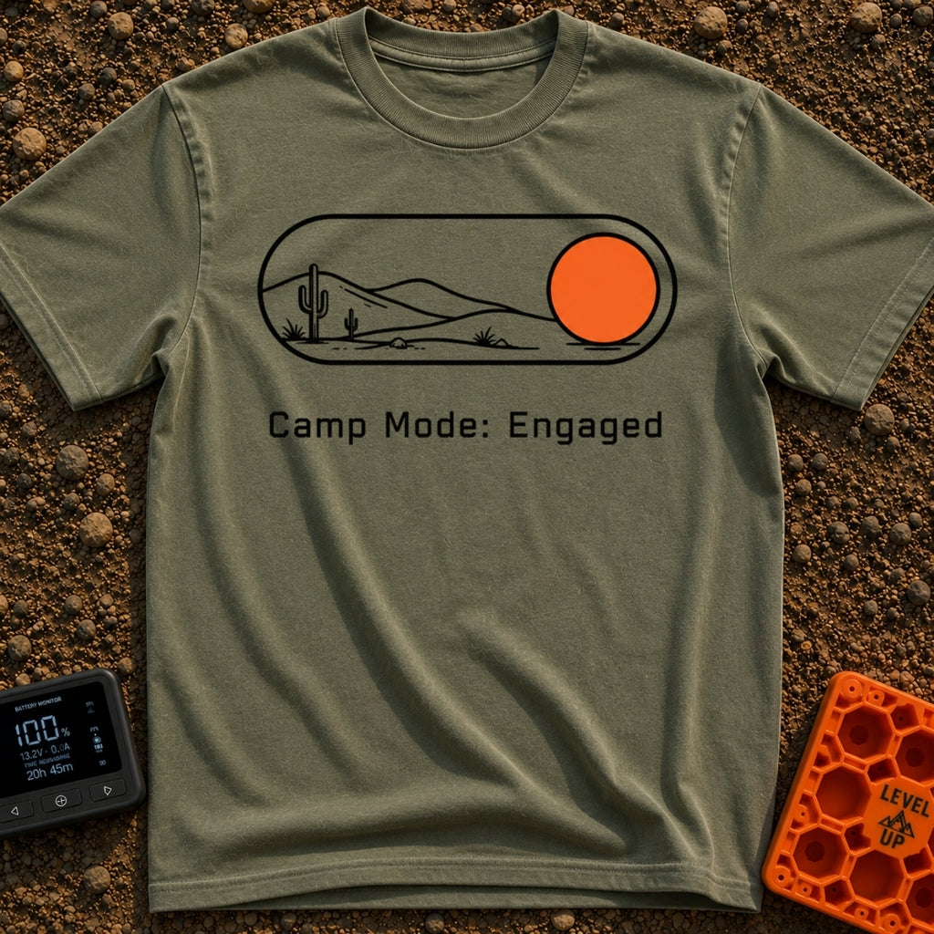 Camp Mode Engaged - T-Shirt in Moss - A graphic of a digital toggle switch containing a line-art desert landscape with...