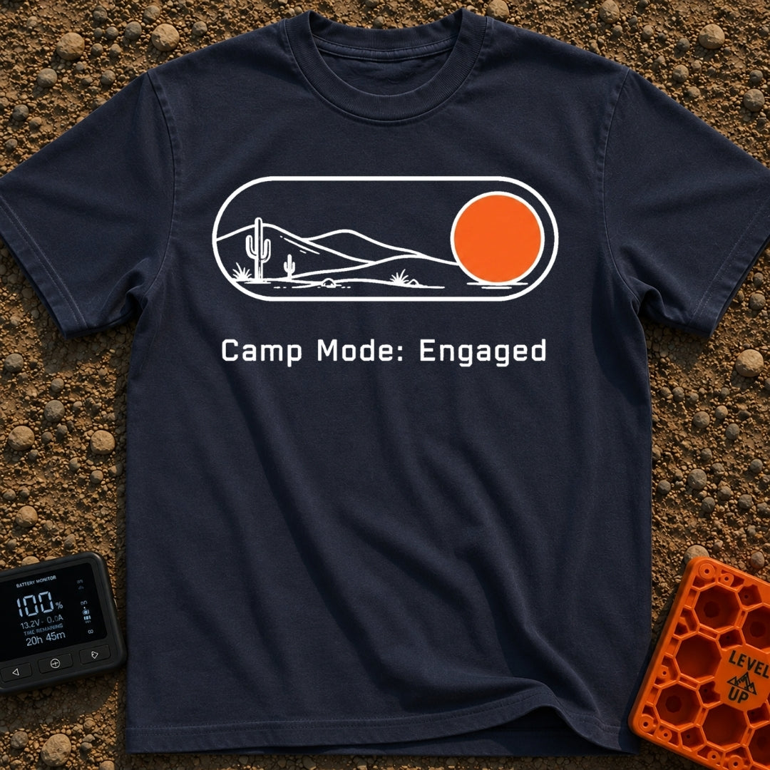 Camp Mode Engaged - T-Shirt in Navy - A graphic of a digital toggle switch containing a line-art desert landscape with...