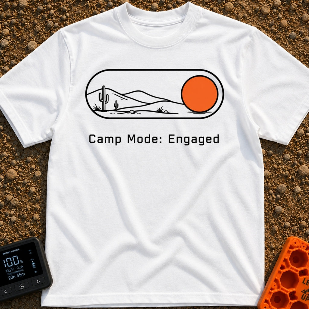 Camp Mode Engaged - T-Shirt in White - A graphic of a digital toggle switch containing a line-art desert landscape with...