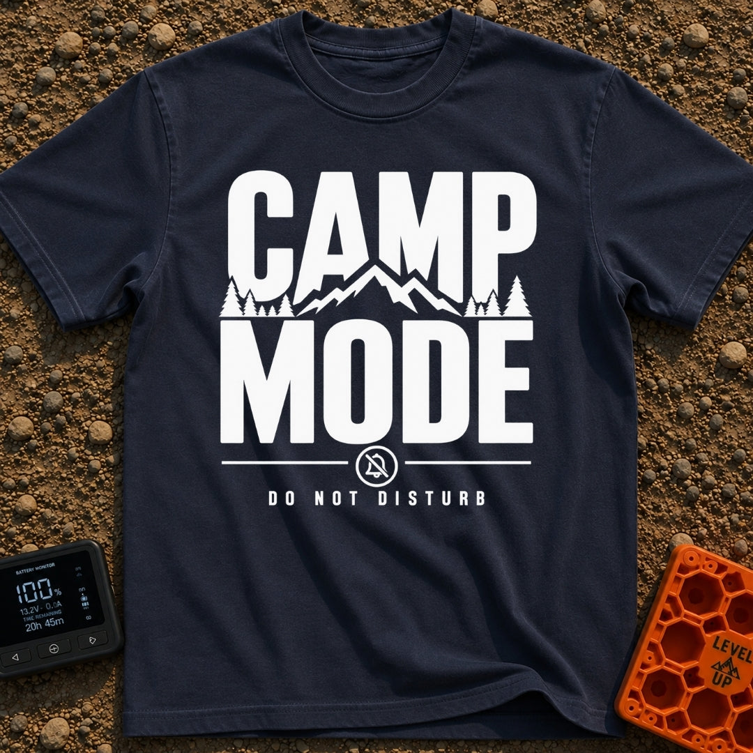 Camp Mode Activated - T-Shirt in Navy - Bold typographic design reading "CAMP MODE" with a silhouette of mountains and...