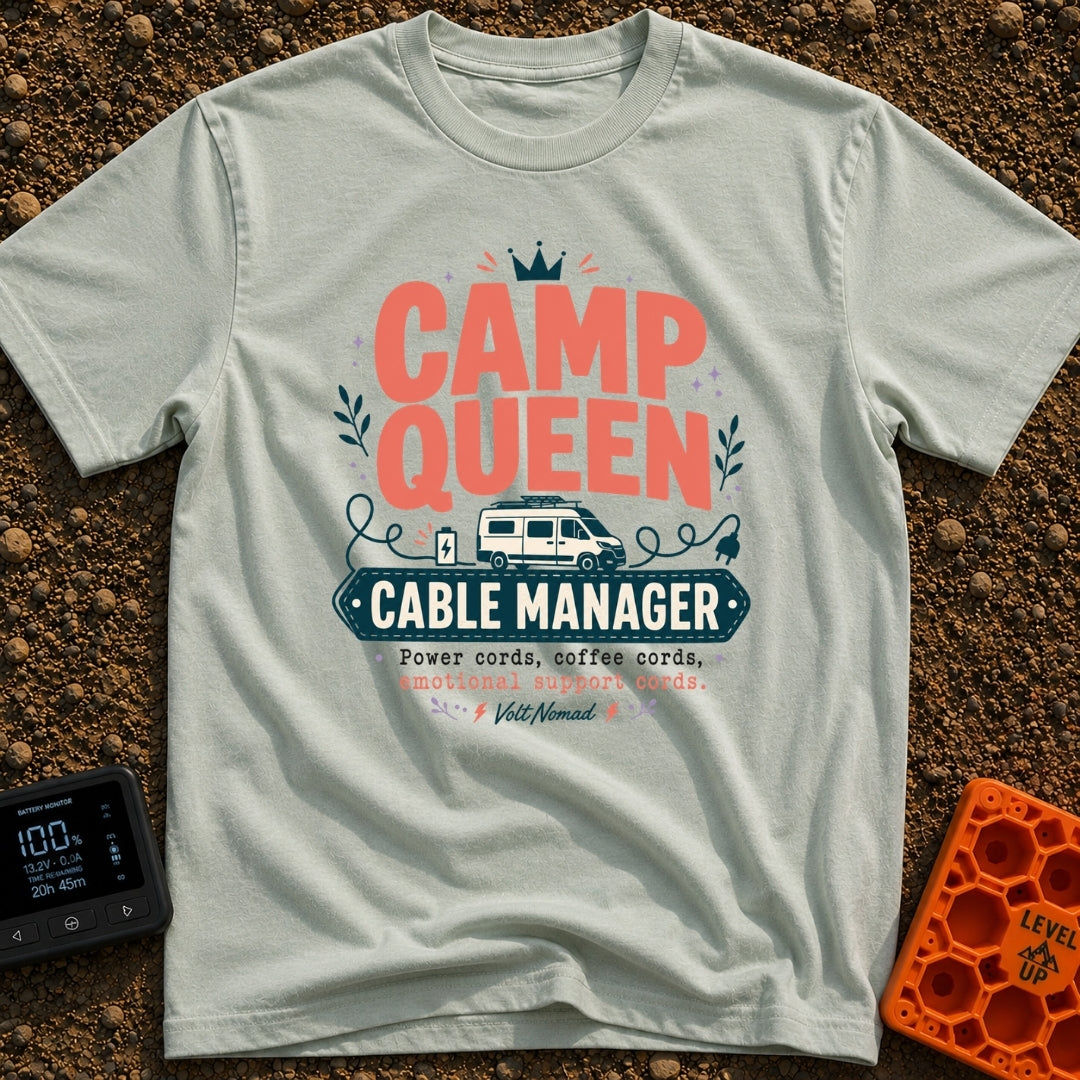 Queen of Cords - T-Shirt in Bay - A graphic featuring a camper van with roof solar panels, a charging battery icon, and a...