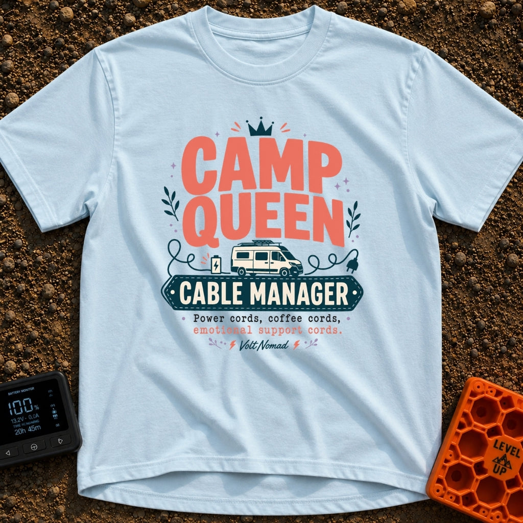 Queen of Cords - T-Shirt in Chambray - A graphic featuring a camper van with roof solar panels, a charging battery icon,...