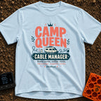 Queen of Cords - T-Shirt in Chambray - A graphic featuring a camper van with roof solar panels, a charging battery icon,...