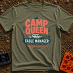 Queen of Cords - T-Shirt in Moss - A graphic featuring a camper van with roof solar panels, a charging battery icon, and...