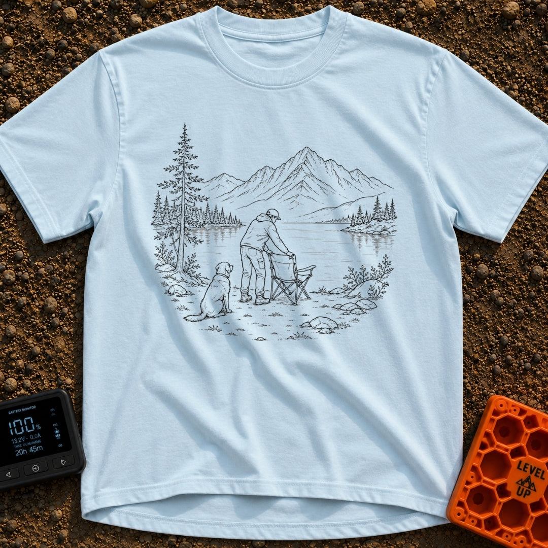 Paws-On Camp Setup - T-Shirt in Chambray - A black and white line illustration of a man setting up a folding camp chair...