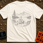 Paws-On Camp Setup - T-Shirt in Ivory - A black and white line illustration of a man setting up a folding camp chair on...