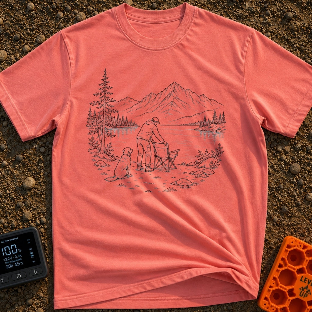 Paws-On Camp Setup - T-Shirt in Watermelon - A black and white line illustration of a man setting up a folding camp chair...
