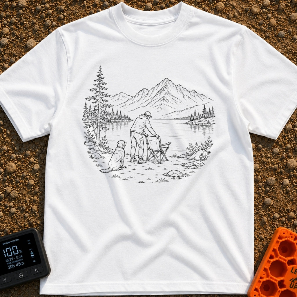 Paws-On Camp Setup - T-Shirt in White - A black and white line illustration of a man setting up a folding camp chair on...