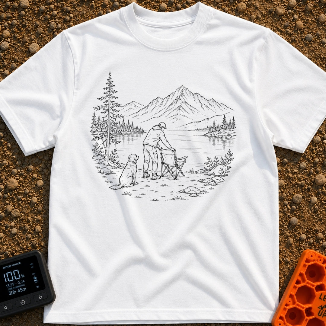 Paws-On Camp Setup - T-Shirt in White - A black and white line illustration of a man setting up a folding camp chair on...