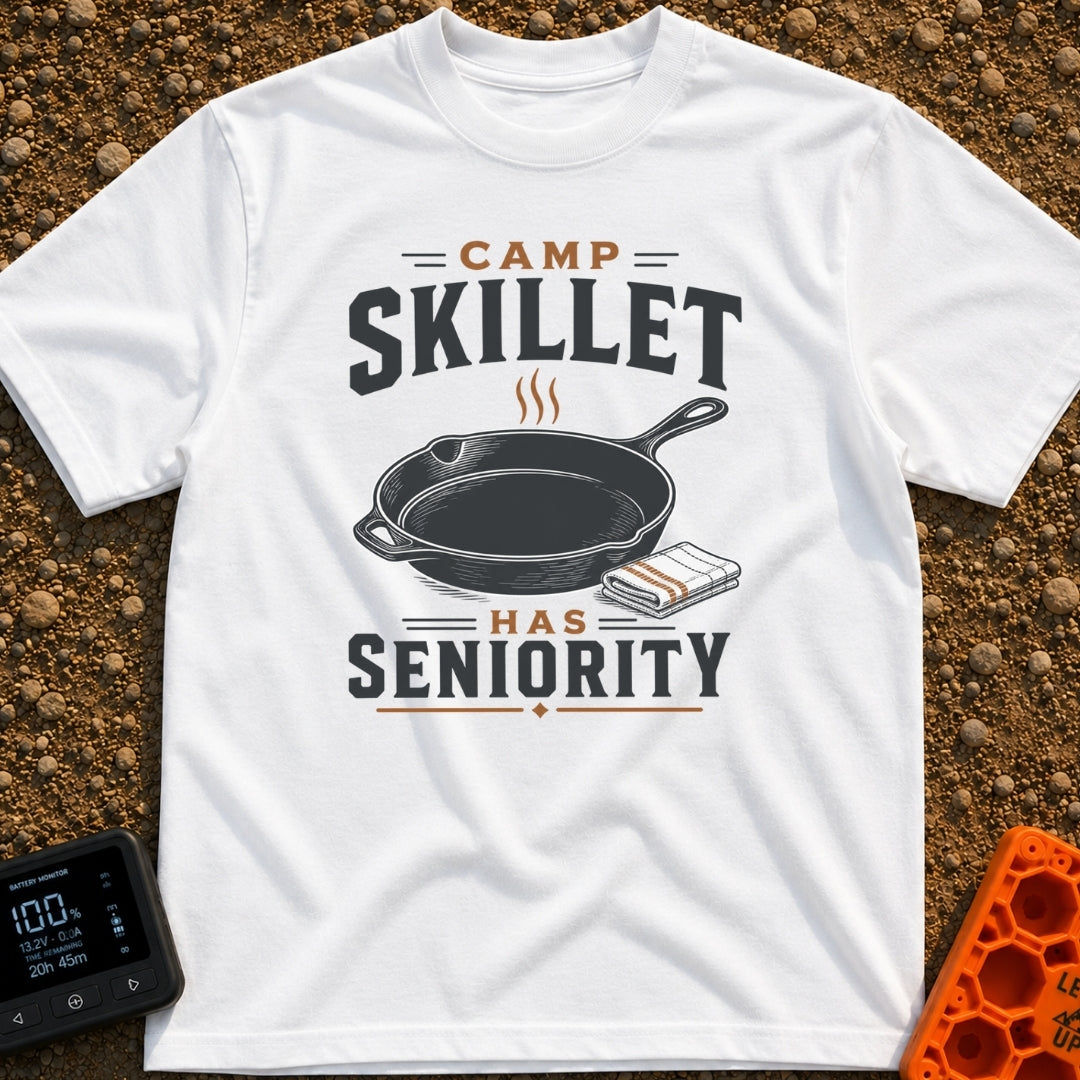 Skillet Has Seniority - T-Shirt in White - A graphic illustration of a steaming cast-iron skillet next to a folded...