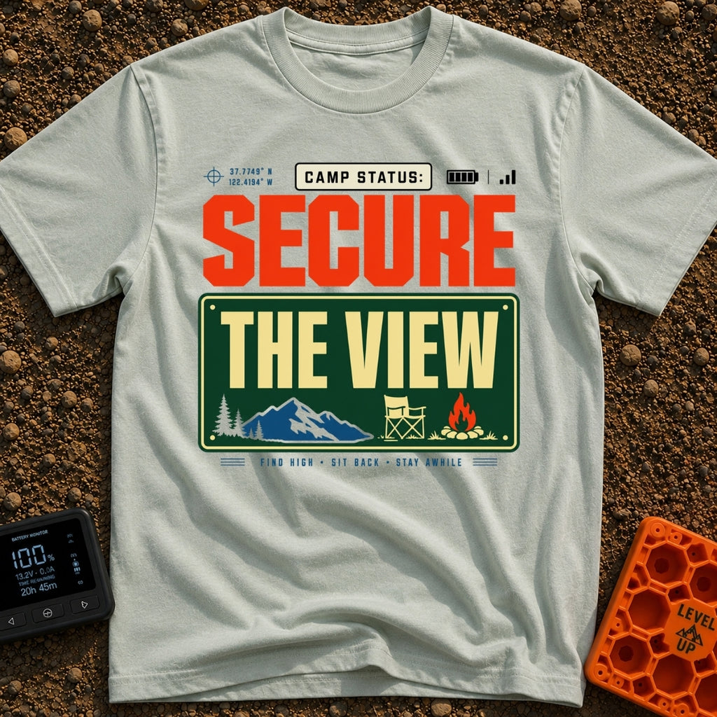 Secure The View - T-Shirt in Bay - A typographic design featuring the text "CAMP STATUS:" alongside GPS coordinates, a...