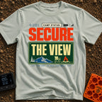Secure The View - T-Shirt in Bay - A typographic design featuring the text "CAMP STATUS:" alongside GPS coordinates, a...