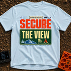 Secure The View - T-Shirt in Chambray - A typographic design featuring the text "CAMP STATUS:" alongside GPS coordinates,...