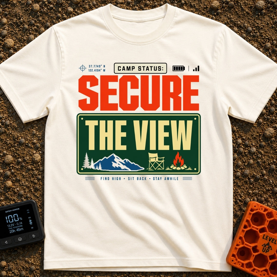 Secure The View - T-Shirt in Ivory - A typographic design featuring the text "CAMP STATUS:" alongside GPS coordinates, a...