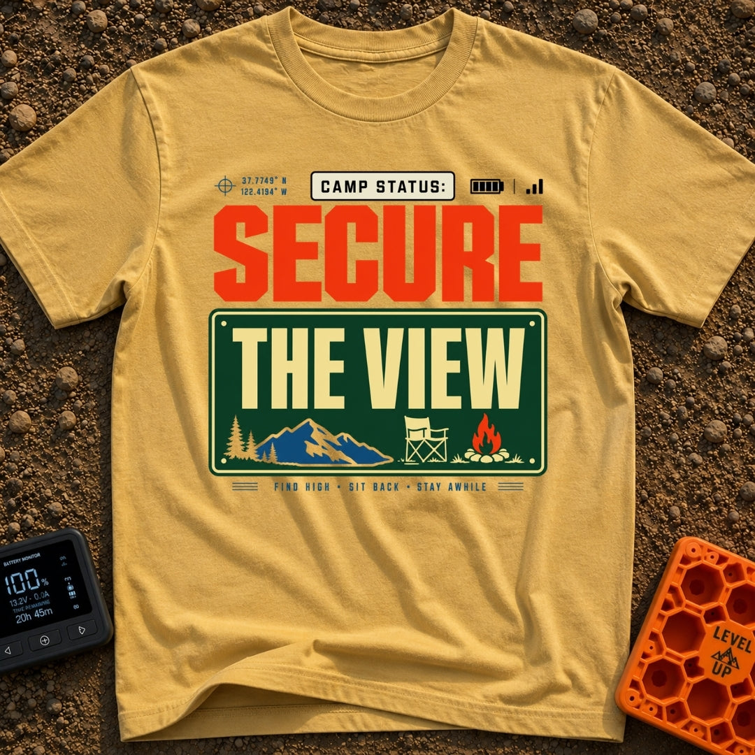 Secure The View - T-Shirt in Mustard - A typographic design featuring the text "CAMP STATUS:" alongside GPS coordinates,...