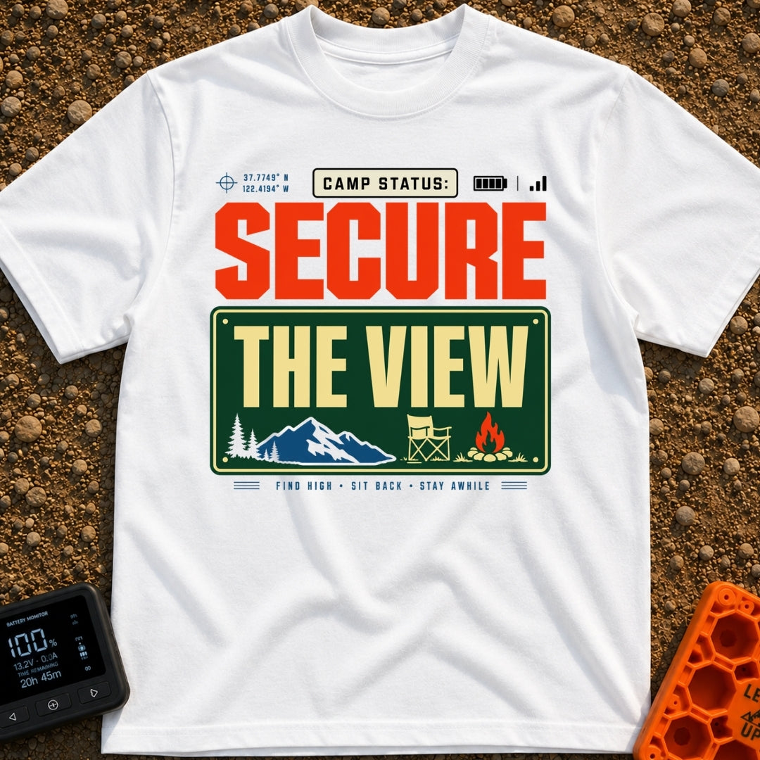 Secure The View - T-Shirt in White - A typographic design featuring the text "CAMP STATUS:" alongside GPS coordinates, a...