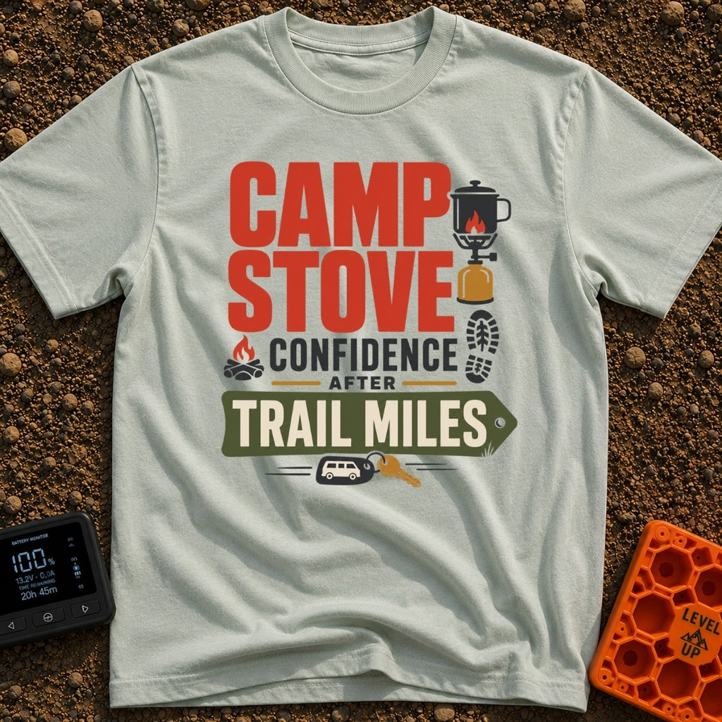 Camp Stove Confidence - T-Shirt in Bay - A typographic design reading "CAMP STOVE CONFIDENCE AFTER TRAIL MILES"...