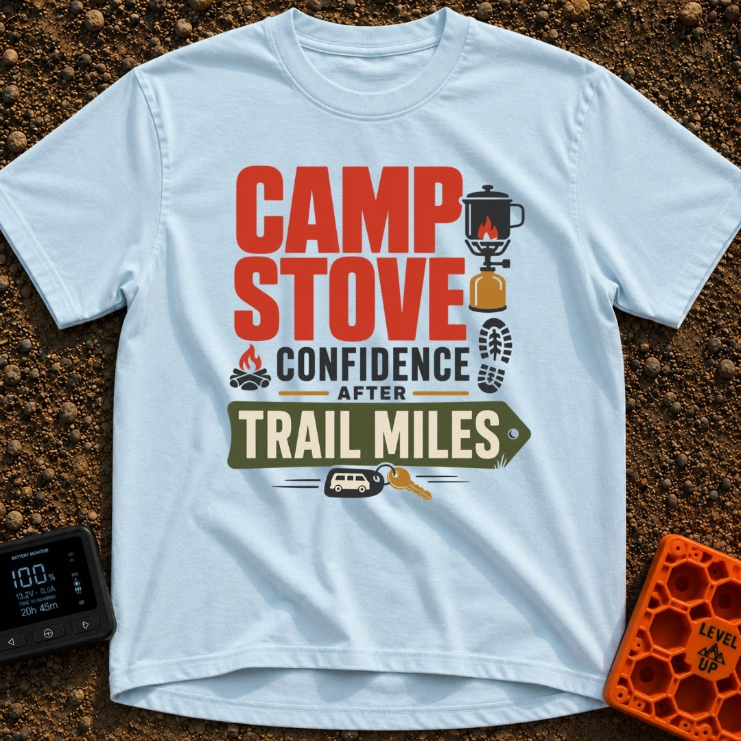Camp Stove Confidence - T-Shirt in Chambray - A typographic design reading "CAMP STOVE CONFIDENCE AFTER TRAIL MILES"...