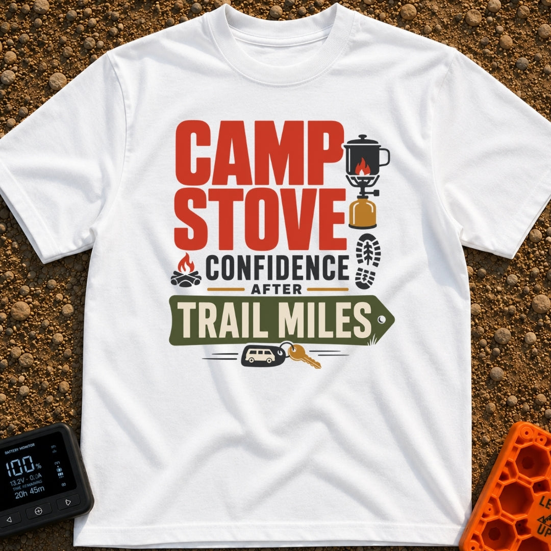 Camp Stove Confidence - T-Shirt in White - A typographic design reading "CAMP STOVE CONFIDENCE AFTER TRAIL MILES"...