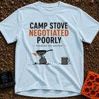 Stove Negotiations Failed - T-Shirt in Chambray - A graphic of a small canister camp stove and frying pan tilting on...